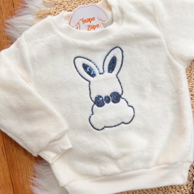 Conj. Casaco de Pelinho e Calça Legging Coelhinhas - Off White e Azul